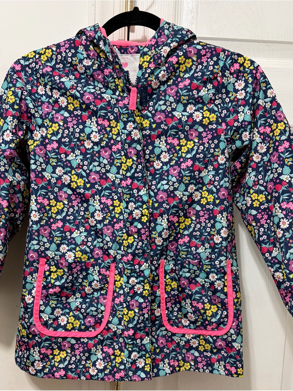 🎀 Carter's Girls Navy Floral Hooded Raincoat with Pink Trim Size L/ 6X
